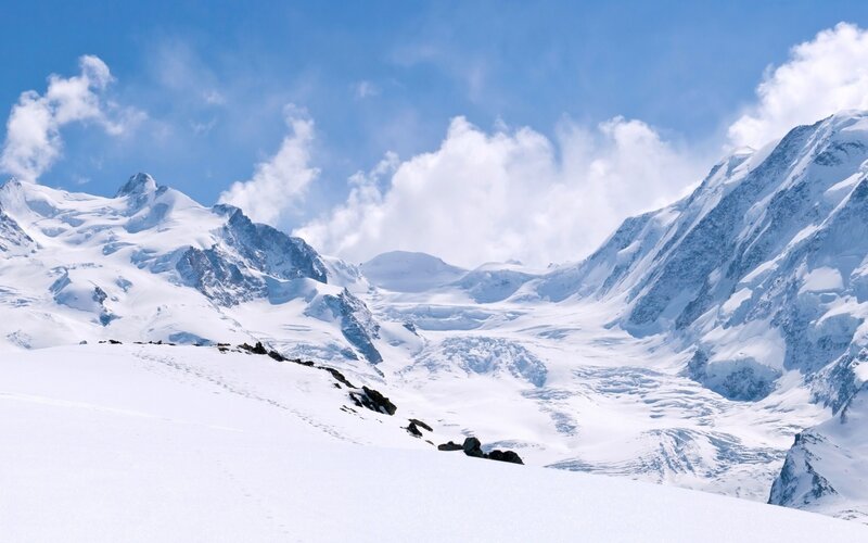 Snow-covered Mountain Range — White, Serene, Winter, Photograph, Clouds, Glacier