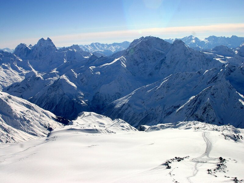 Snow-covered Mountain Range — White, Serene, Winter, Photograph, Mountains, Snow, Sky, Tracks