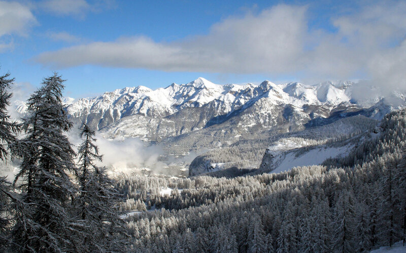Snow-covered Mountain Range — White, Serene, Winter, Photograph, Trees, Clouds, Valley