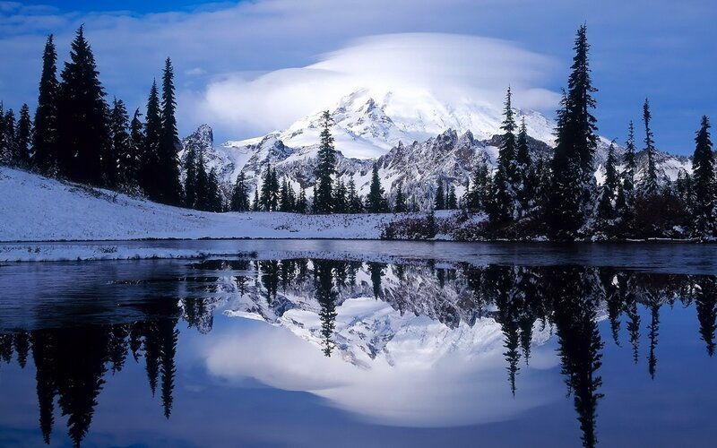 Snow-covered Mountain Reflection — Blue, Serene, Winter