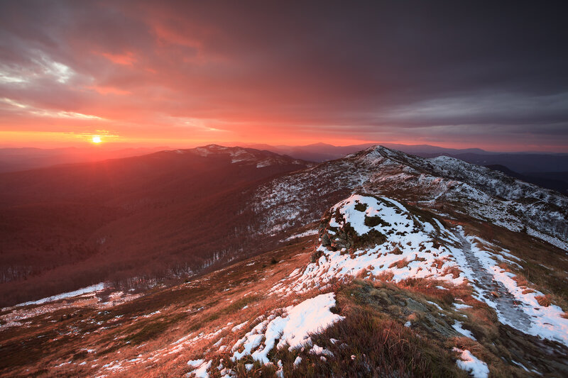 Snow-covered Mountain Ridge — Red