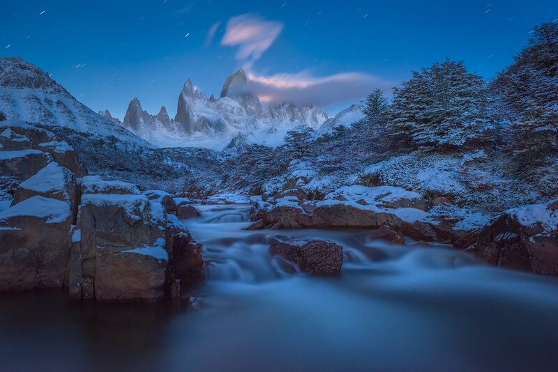 Snow-covered Mountain River — Blue, Serene, Night