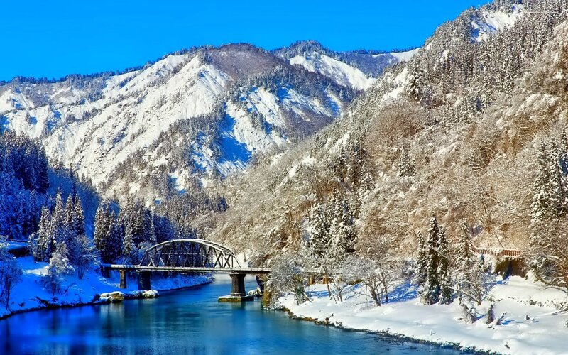 Snow-covered Mountain River — Blue, Serene