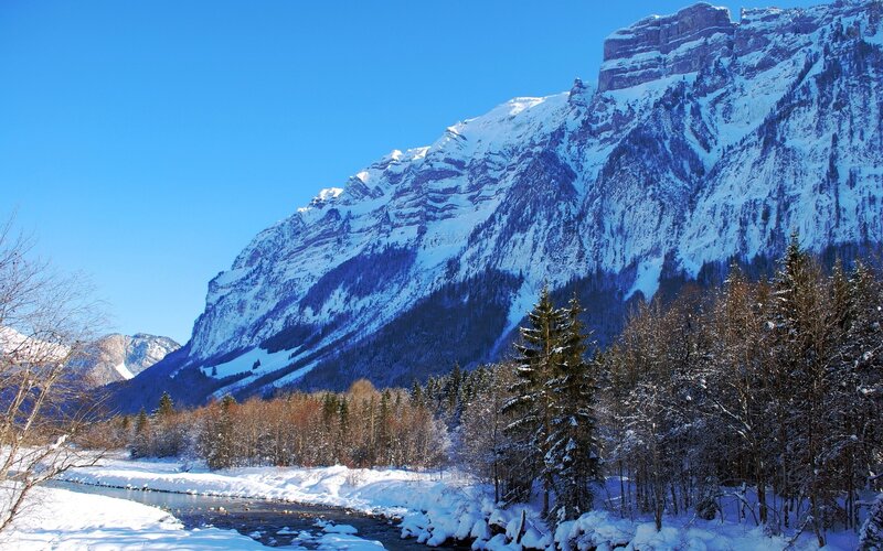 Snow-covered Mountain River — Blue, Serene, Winter