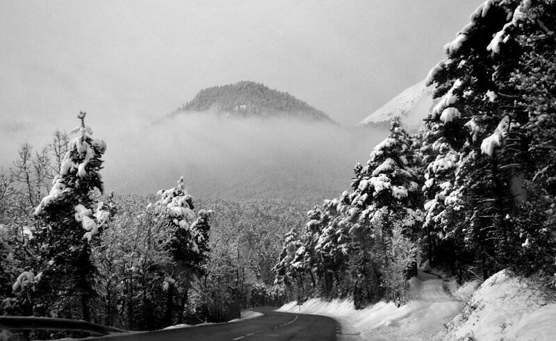 Snow-covered Mountain Road — Black, Serene, Winter, Photograph