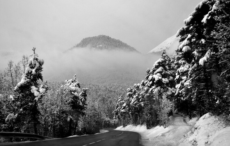 Snow-covered Mountain Road — Black, Serene, Winter, Photograph, Trees, Fog