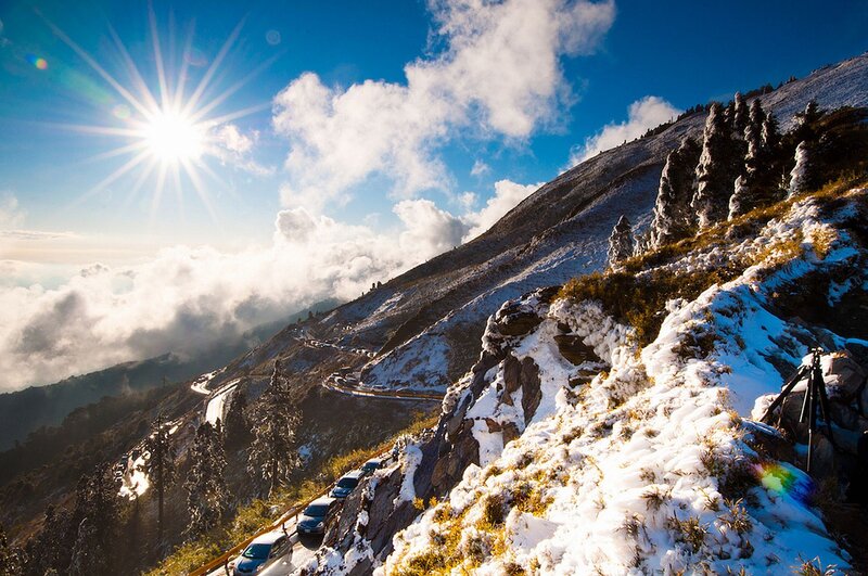 Snow-covered Mountain Road — Blue, Dramatic, Morning