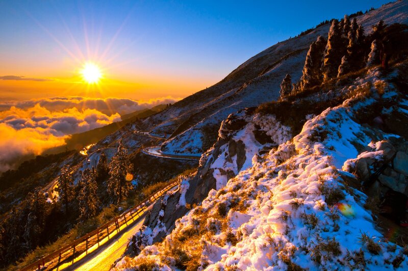 Snow-covered Mountain Road — Blue, Dramatic, Sunrise