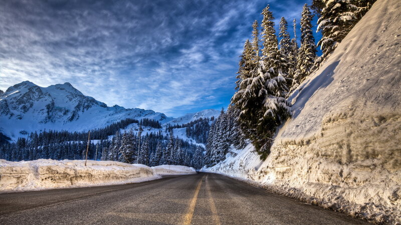 Snow-covered Mountain Road — Blue, Dramatic