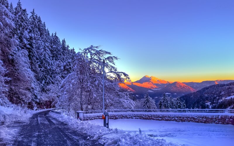 Snow-covered Mountain Road — Blue, Serene, Sunset