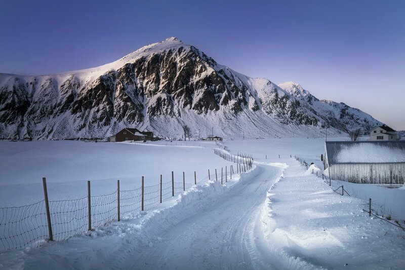 Snow-covered Mountain Road — Blue, Serene, Winter, Photograph, House