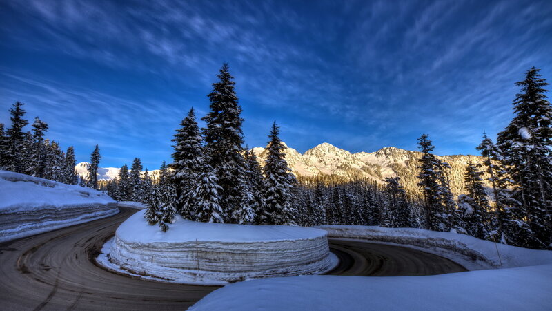 Snow-covered Mountain Road — Blue, Serene, Winter, Photograph