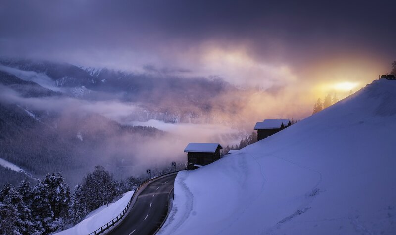 Snow-covered Mountain Road — Purple