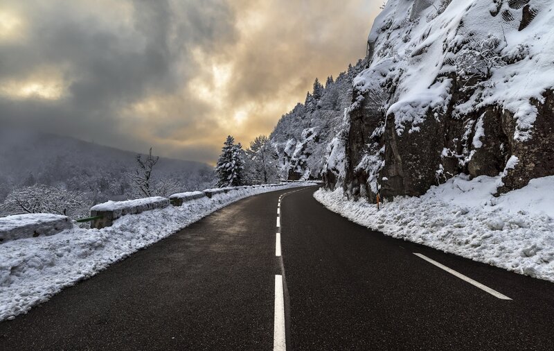 Snow-covered Mountain Road — White, Dramatic, Winter, Photograph, Trees
