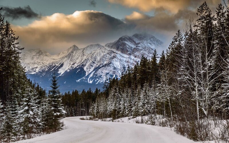 Snow-covered Mountain Road — White, Dramatic, Winter