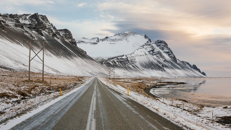 Snow-covered Mountain Road — White, Serene, Winter, Photograph, Mountains, Power Lines