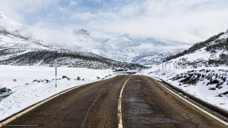 Snow-covered Mountain Road — White, Serene, Winter, Photograph, Mountains, Snow, Clouds