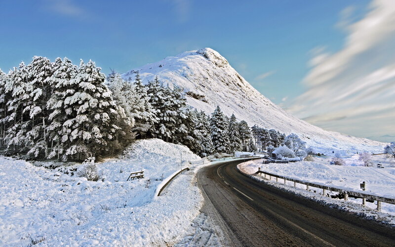 Snow-covered Mountain Road — White, Serene, Winter, Photograph