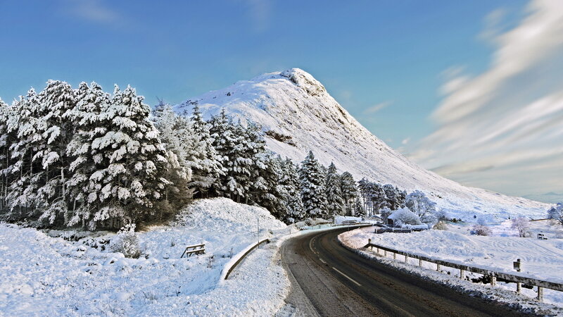 Snow-covered Mountain Road — White, Serene, Winter, Photograph, Trees