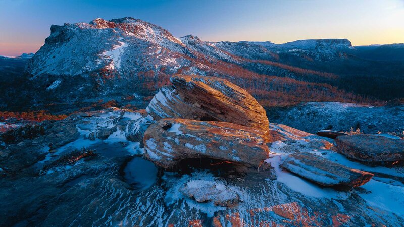 Snow-covered Mountain Rocks — Blue