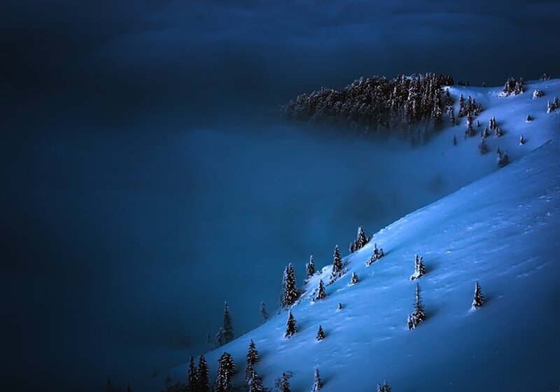 Snow-covered Mountain Slope — Blue, Serene, Night