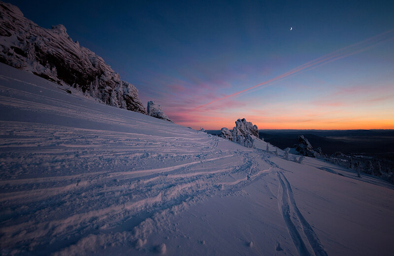Snow-covered Mountain Slope — Blue, Serene, Sunset