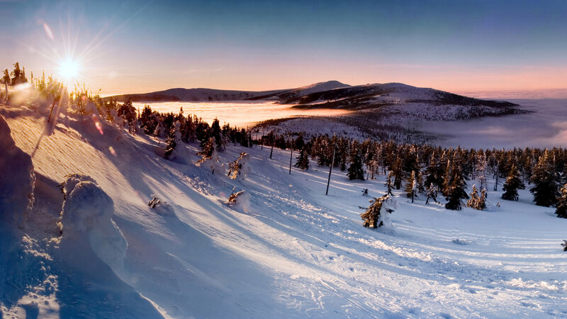 Snow-covered Mountain Slope — White, Serene, Sunrise