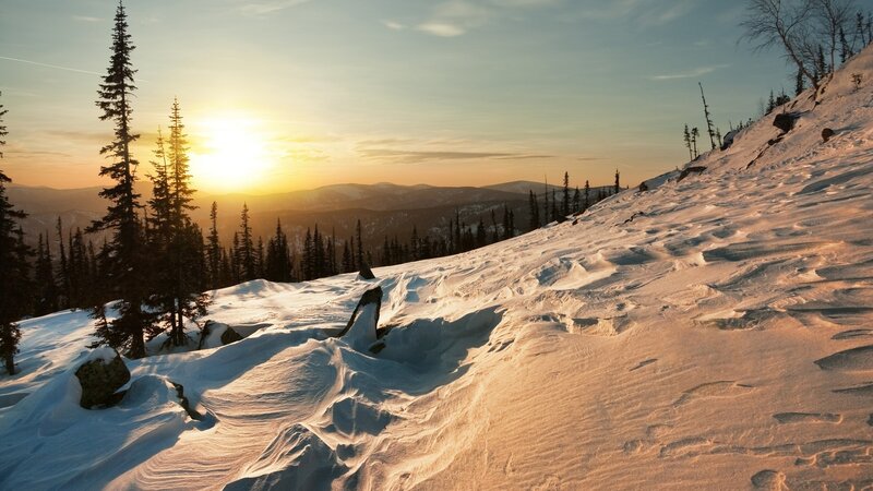 Snow-covered Mountain Slope — White, Serene, Sunset, Photograph, Trees
