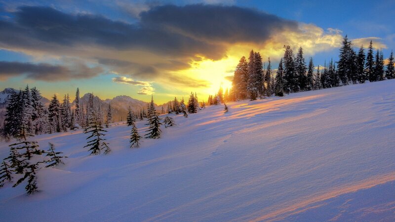 Snow-covered Mountain Slope — White, Serene, Sunset