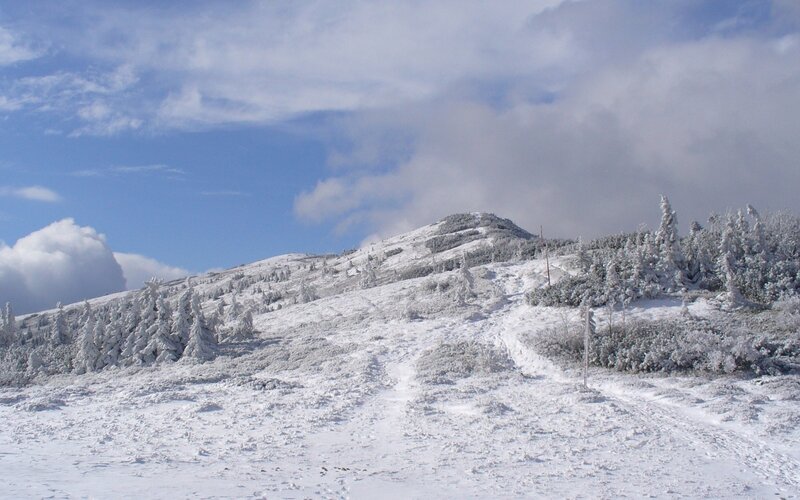 Snow-covered Mountain Slope — White, Serene, Winter, Photograph, Trees, Clouds