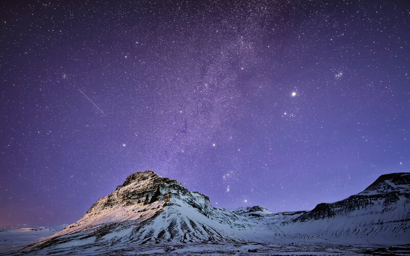 Snow-covered Mountain under Stars — Purple, Serene, Night, Photograph, Meteor