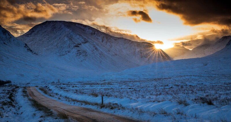 Snow-covered Mountain Valley — Blue, Dramatic, Sunset, Photograph, Road