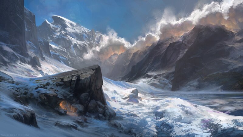 Snow-covered Mountain Valley — Blue, Dramatic, Winter, Digital Art, Mountains, Snow