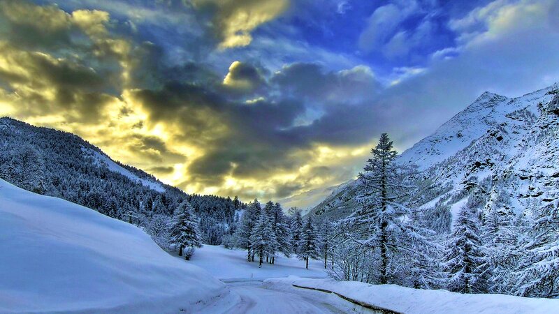 Snow-covered Mountain Valley — Blue, Dramatic, Winter, Photograph, Trees