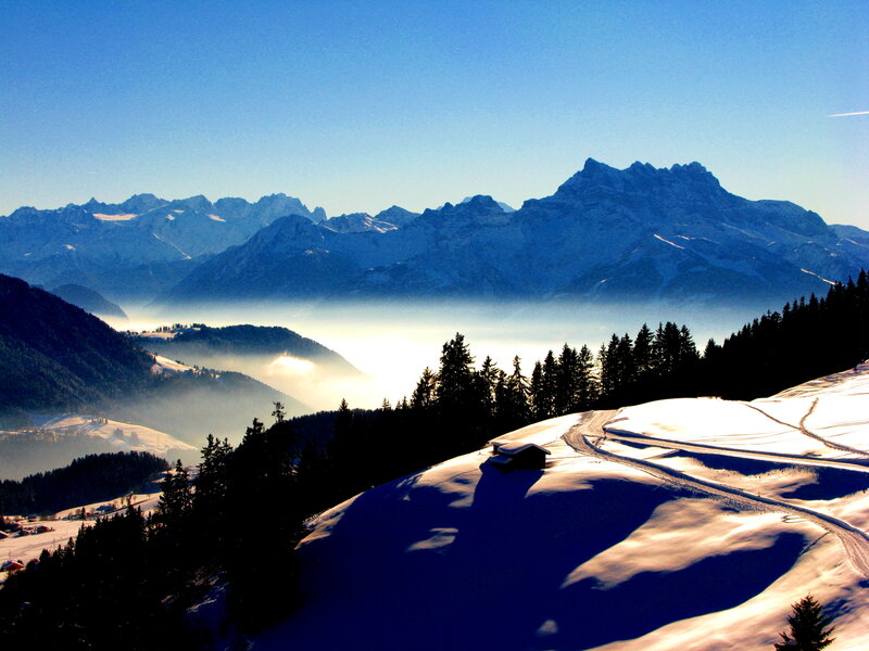 Snow-covered Mountain Valley — Blue, Serene, Morning