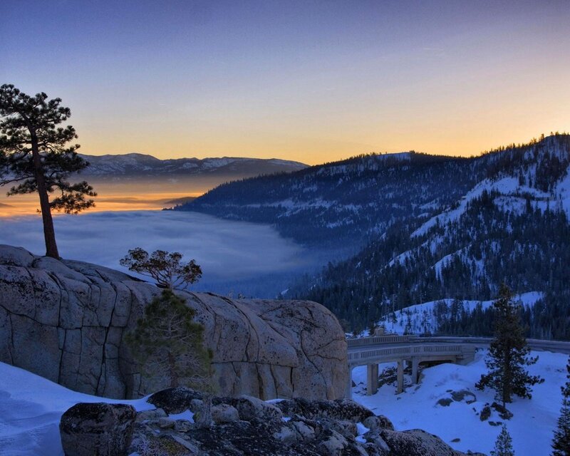 Snow-covered Mountain Valley — Blue, Serene, Sunset
