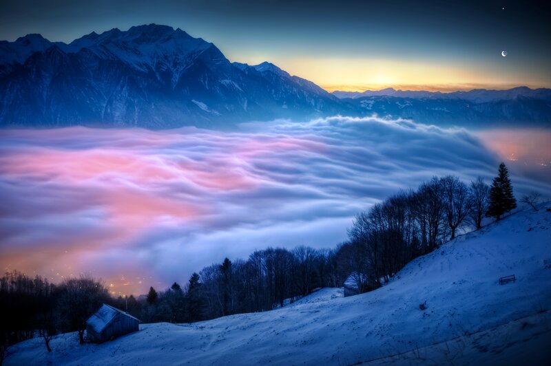 Snow-covered Mountain Valley — Blue, Serene