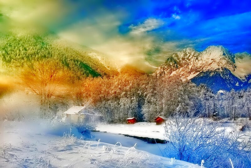Snow-covered Mountain Valley — Blue, Serene, Winter, Digital Art, Mountains