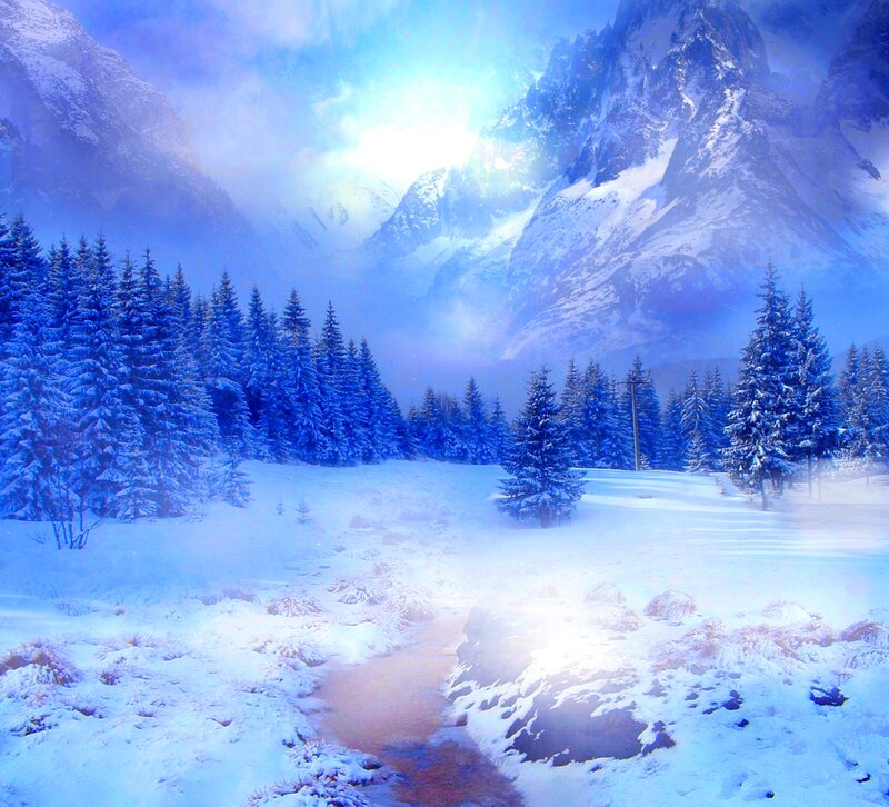 Snow-covered Mountain Valley — Blue, Serene, Winter, Digital Art, Pine Trees