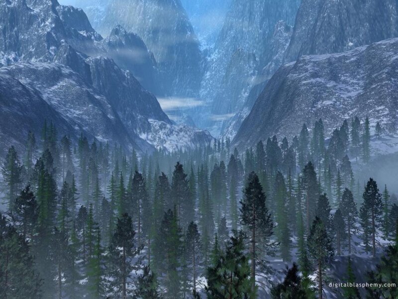 Snow-covered Mountain Valley — Blue, Serene, Winter, Digital Art