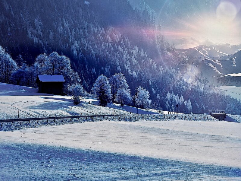 Snow-covered Mountain Valley — Blue, Serene, Winter, Photograph, Forest