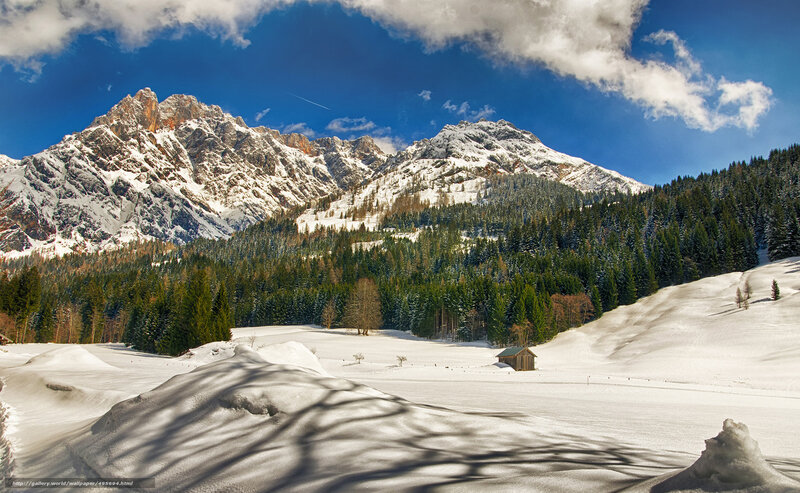 Snow-covered Mountain Valley — Blue, Serene, Winter, Photograph, Mountains, Forest