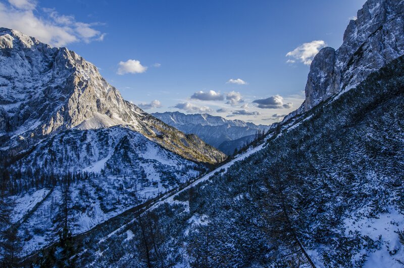 Snow-covered Mountain Valley — Blue, Serene, Winter, Photograph, Mountains, Trees, Snow