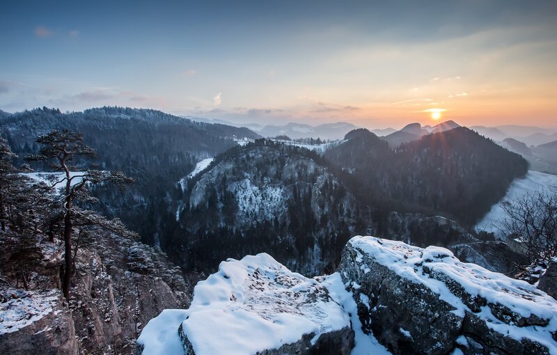 Snow-covered Mountain Valley — Blue, Serene, Winter, Photograph, Mountains, Trees, Sunrise