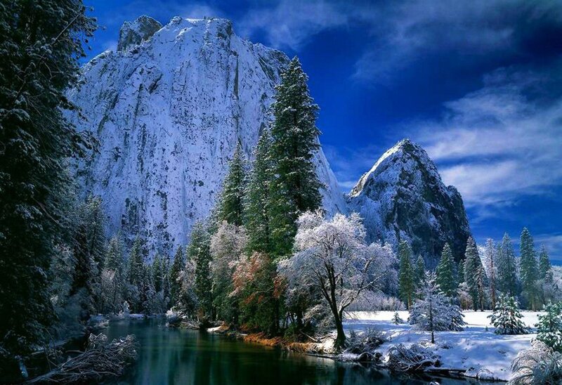 Snow-covered Mountain Valley — Blue, Serene, Winter, Photograph, River
