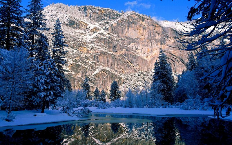 Snow-covered Mountain Valley — Blue, Serene, Winter, Photograph, Trees