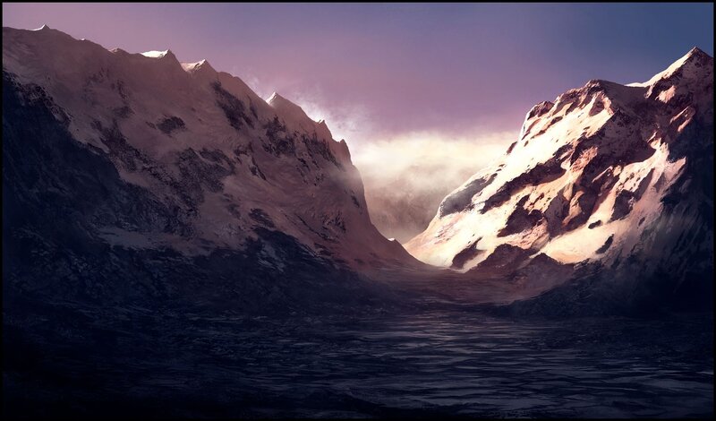 Snow-covered Mountain Valley — Purple, Dramatic, Sunset