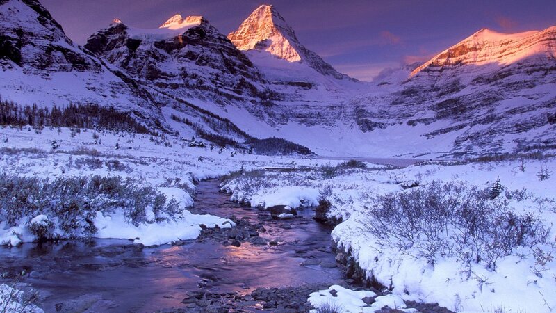 Snow-covered Mountain Valley — Purple, Serene, Sunset, Photograph, Mountains, River, Snow