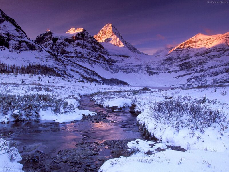 Snow-covered Mountain Valley — Purple, Serene, Sunset, Photograph, River, Snow