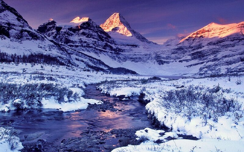 Snow-covered Mountain Valley — Purple, Serene, Sunset